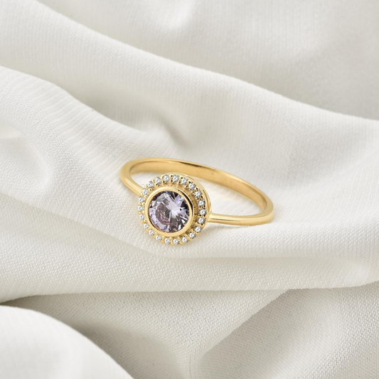 Alexandrite Round Bezel Ring in 8K/10K/14K Solid Gold with Real Diamonds, June Birthstone Jewelry