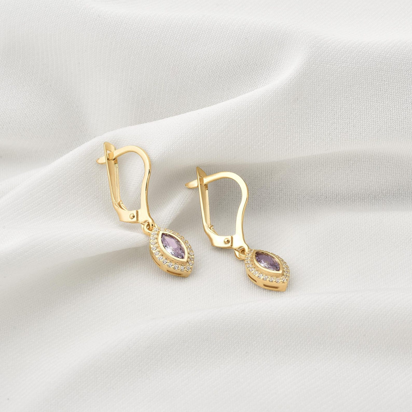 Alexandrite Bezel Marquise Dangle Earrings with Real Diamonds in 8K/10K/14K Solid Gold | June Birthstone Jewelry