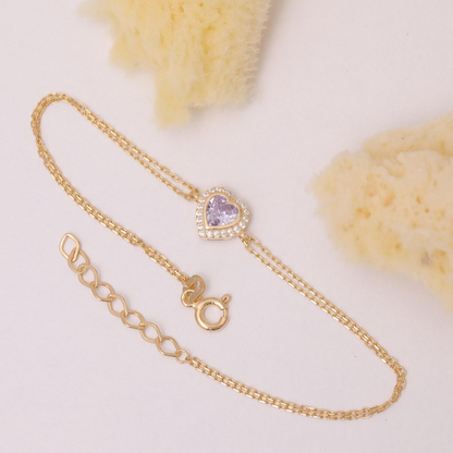 Alexandrite Bezel Heart Bracelet with Real Diamonds in 8K/10K/14K Solid Gold | June Birthstone Jewelry