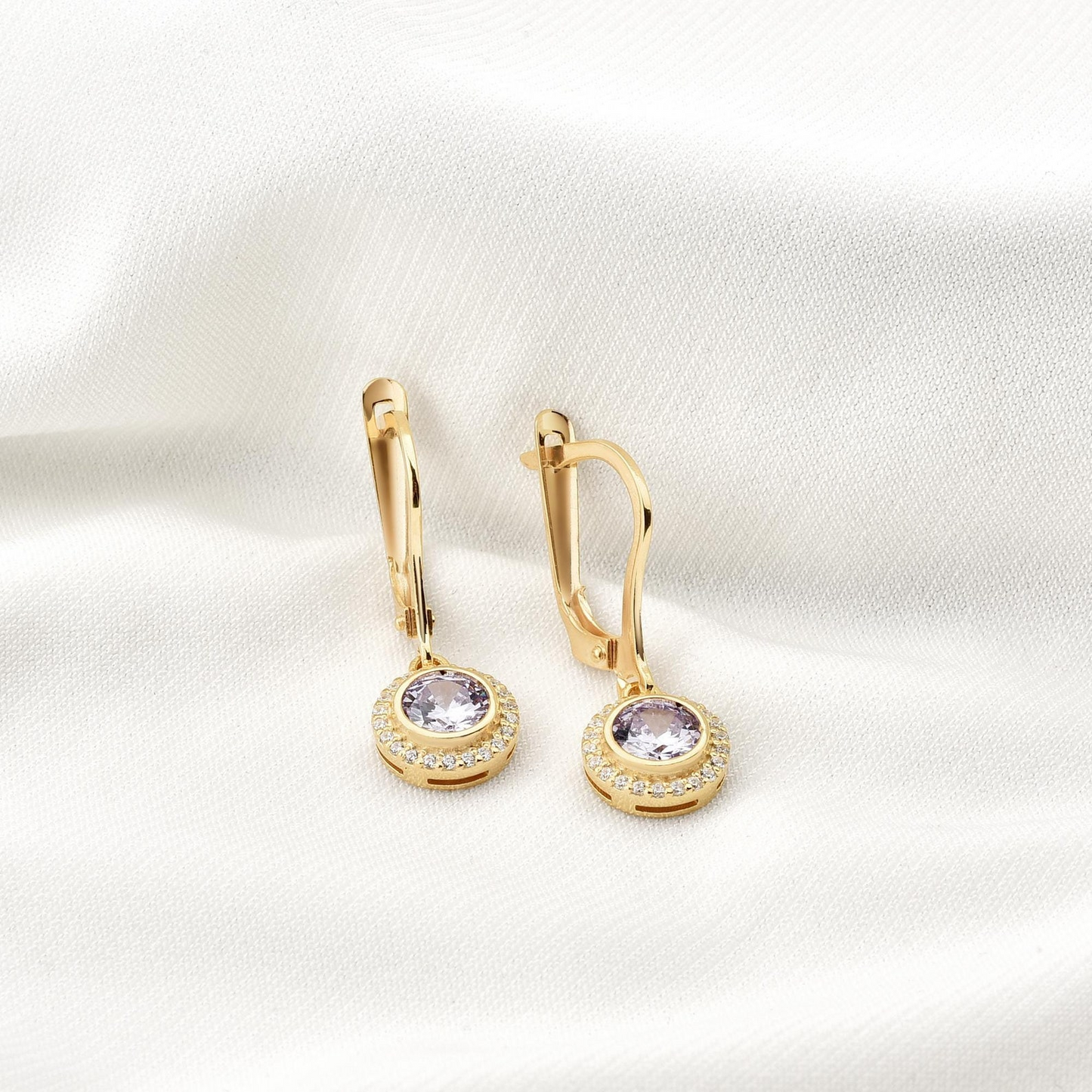 Alexandrite Round Bezel Dangle Earrings in 8K/10K/14K Solid Gold with Real Diamonds, June Birthstone Jewelry