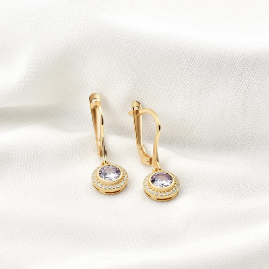Alexandrite Round Bezel Dangle Earrings in 8K/10K/14K Solid Gold with Real Diamonds, June Birthstone Jewelry
