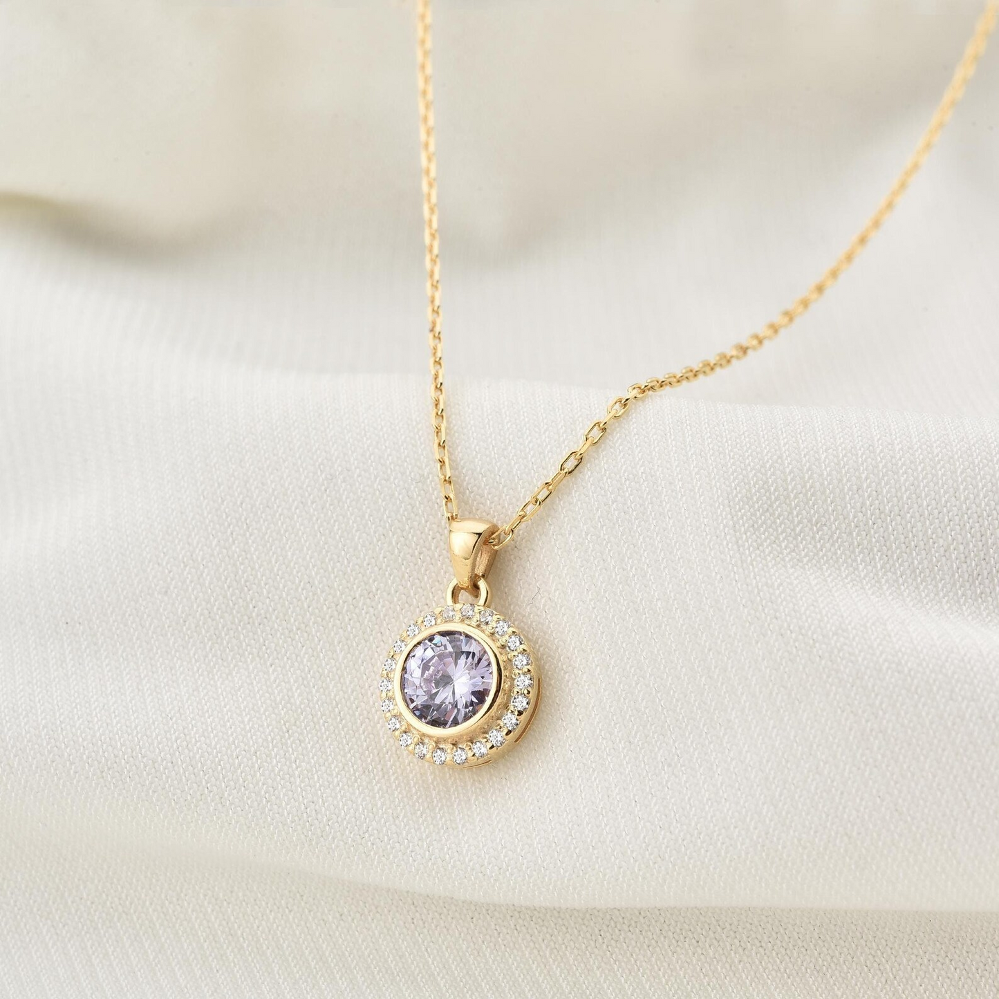 Alexandrite Round Bezel Necklace in 8K/10K/14K Solid Gold with Real Diamonds, June Birthstone Jewelry