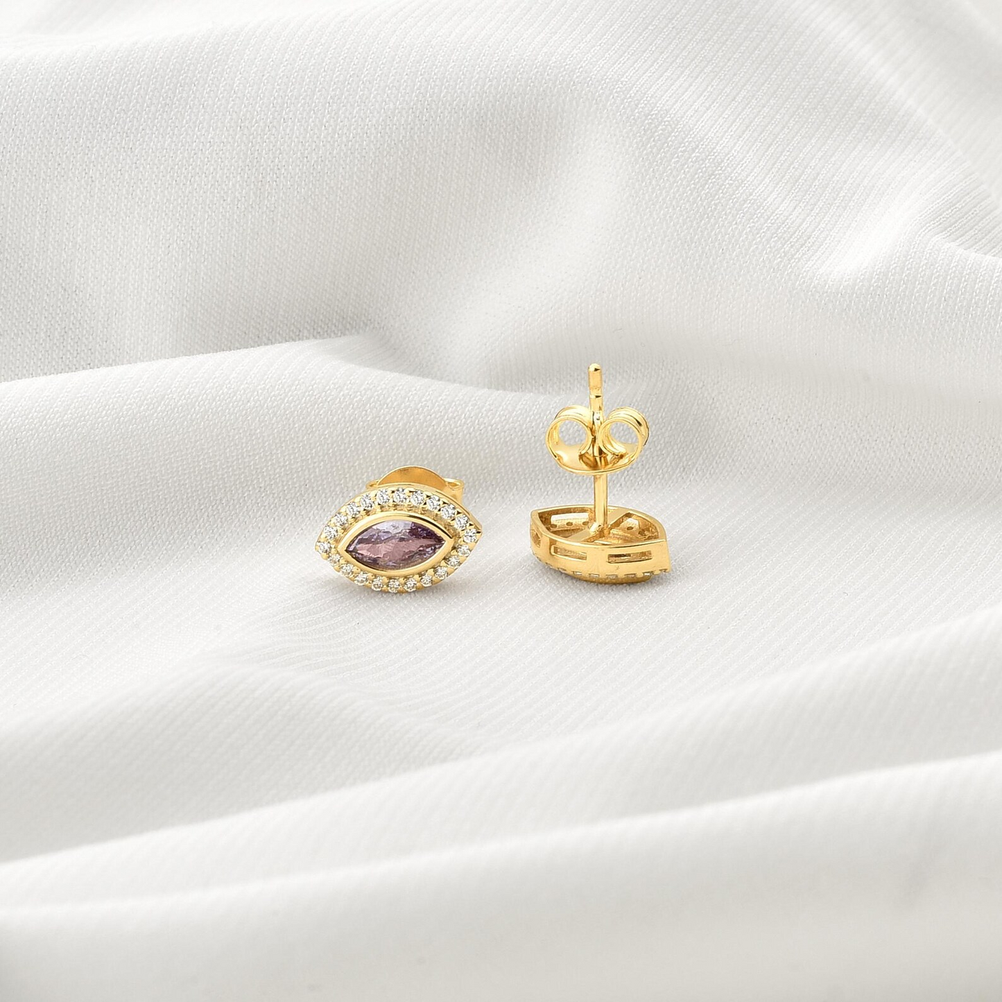 Alexandrite Bezel Marquise Stud Earrings with Real Diamonds in 8K/10K/14K Solid Gold | June Birthstone Jewelry
