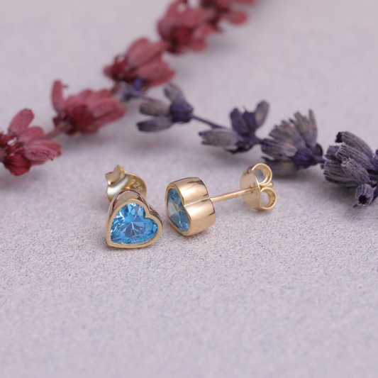 Blue Topaz Heart Bezel Cut Stud Earrings 10K/14K Solid Gold, December Birthstone Jewelry