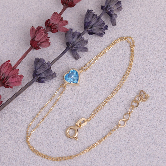 Heart Blue Topaz Bezel Bracelet in 10K/14K Solid Gold | December Birthstone