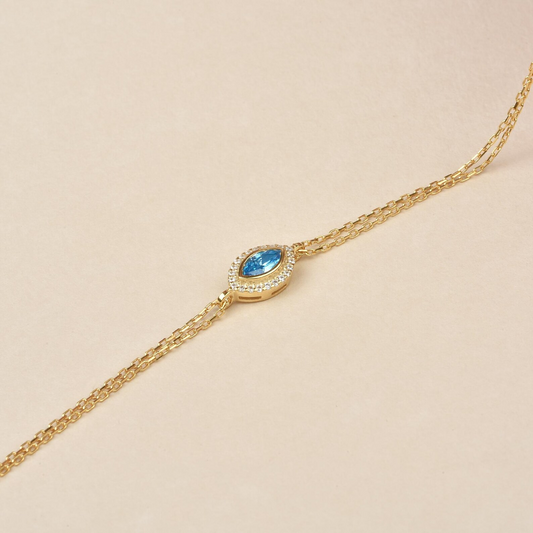 Blue Topaz Bezel Marquise Bracelet with Real Diamonds in 8K/10K/14K Solid Gold | December Birthstone Jewelry