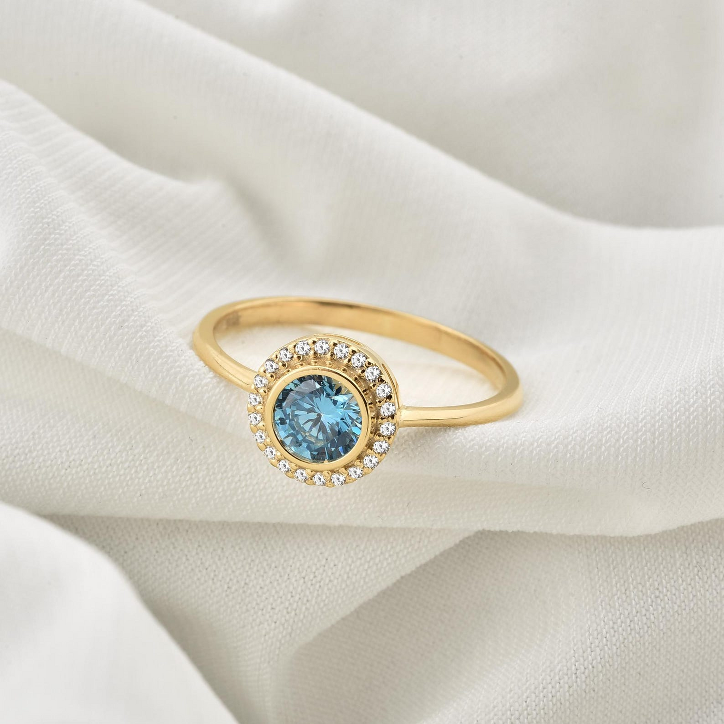Blue Topaz Round Bezel Ring in 8K/10K/14K Solid Gold with Real Diamonds, December Birthstone Jewelry