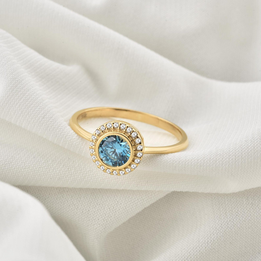 Blue Topaz Round Bezel Ring in 8K/10K/14K Solid Gold with Real Diamonds, December Birthstone Jewelry