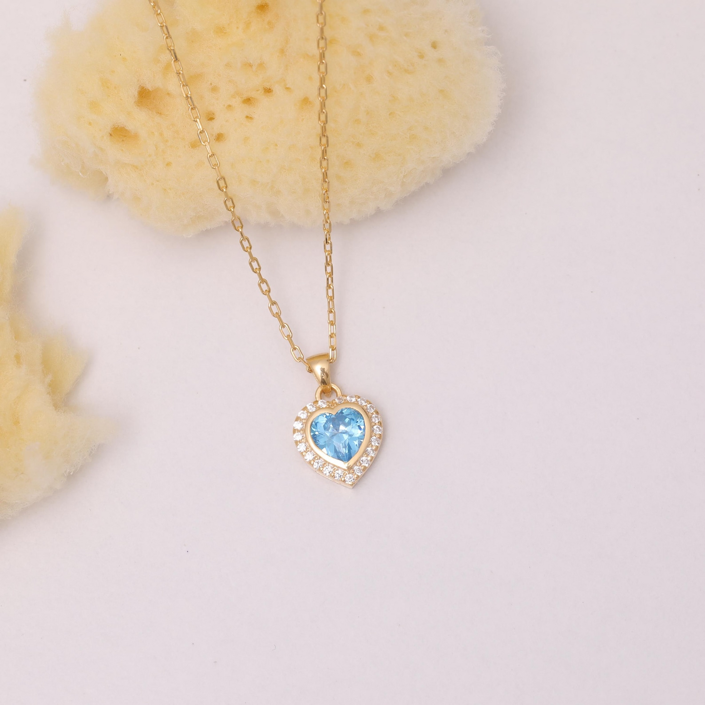 Blue Topaz Bezel Heart Necklace with Real Diamonds in 8K/10K/14K Solid Gold | December Birthstone Jewelry