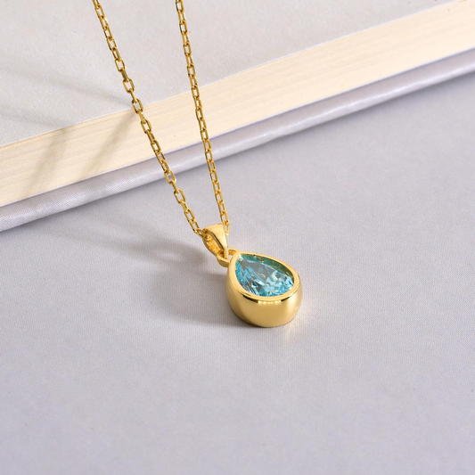 Blue Topaz Bezel Drop Necklace 10/14K Solid Gold, December Birthstone Jewelry