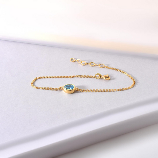 Blue Topaz Drop Bezel Bracelet in 10K/14K Solid Gold, December Birthstone Jewelry