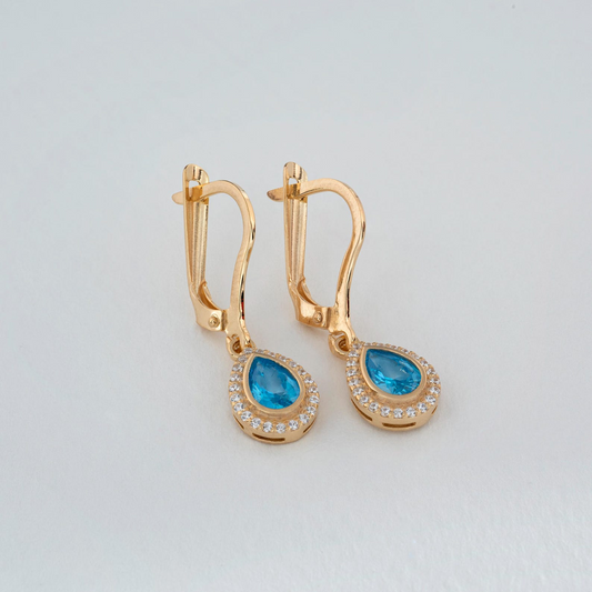 Blue Topaz Bezel Drop Dangle Earrings with Real Diamonds in 8K/10K/14K Solid Gold | December Birthstone Jewelry