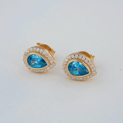 Blue Topaz Bezel Drop Stud Earrings with Real Diamonds in 8K/10K/14K Solid Gold | December Birthstone Jewelry