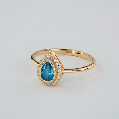 Blue Topaz Bezel Drop Ring with Real Diamonds in 8K/10K/14K Solid Gold | December Birthstone Jewelry