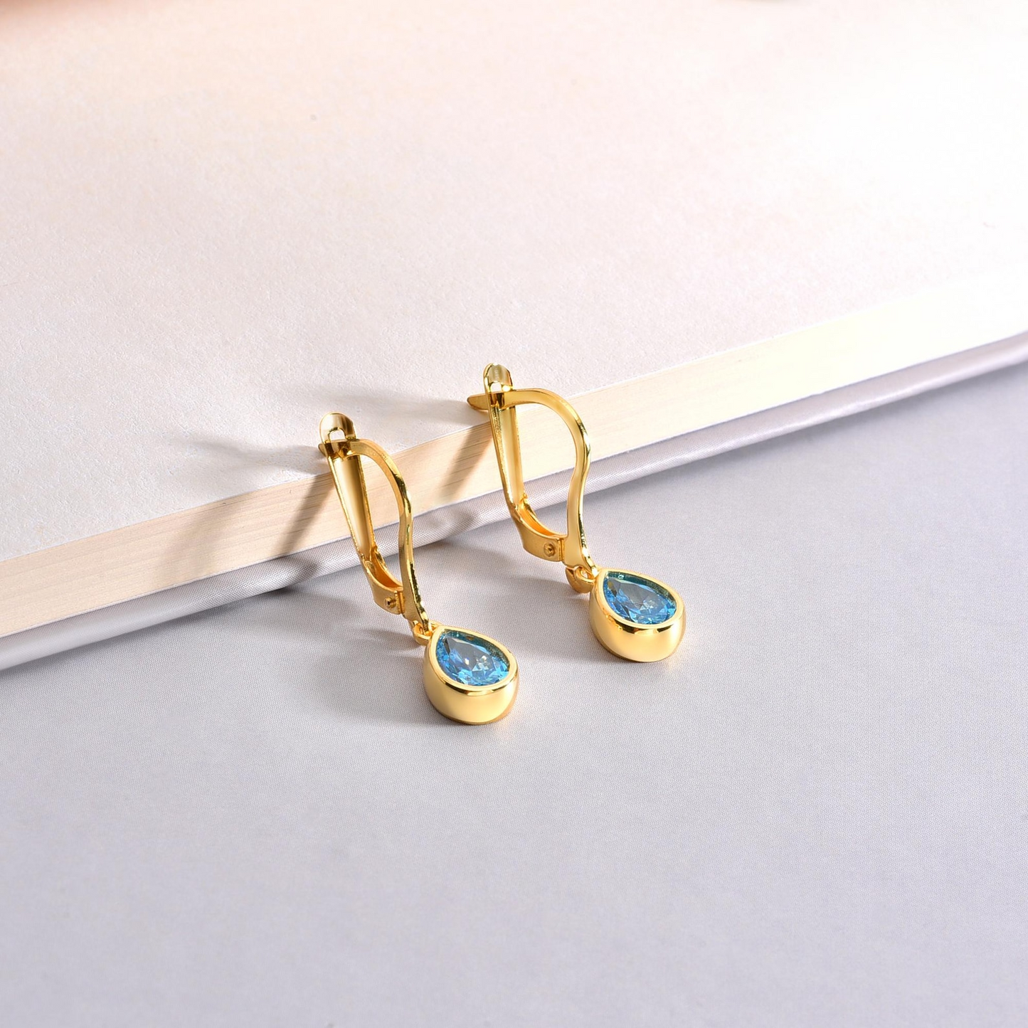 Blue Topaz Bezel Dangle Drop Earrings in 8K/10K/14K Solid Gold, December Birthstone Jewelry