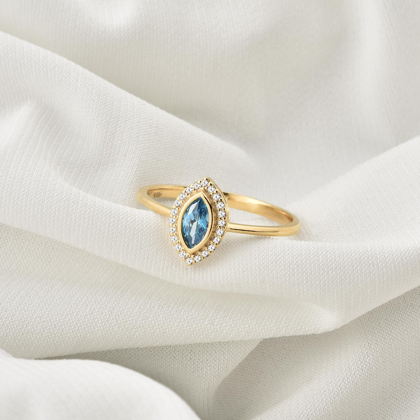 Blue Topaz Bezel Marquise Ring with Real Diamonds in 8K/10K/14K Solid Gold | December Birthstone Jewelry
