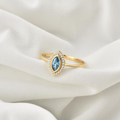 Blue Topaz Bezel Marquise Ring with Real Diamonds in 8K/10K/14K Solid Gold | December Birthstone Jewelry