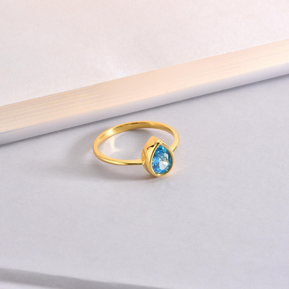 Blue Topaz Drop Bezel Ring 8K/10K/14K Solid Gold, December Birthstone Jewelry