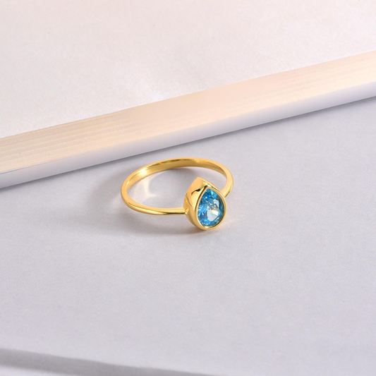 Blue Topaz Drop Bezel Ring 8K/10K/14K Solid Gold, December Birthstone Jewelry