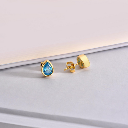 Blue Topaz Drop Bezel Stud Earrings in 10K/14K Solid Gold, December Birthstone Jewelry