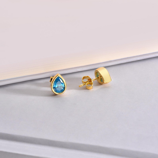 Blue Topaz Drop Bezel Stud Earrings in 10K/14K Solid Gold, December Birthstone Jewelry