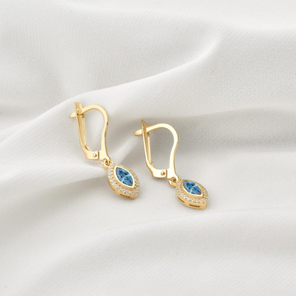 Blue Topaz Bezel Marquise Dangle Earrings with Real Diamonds in 8K/10K/14K Solid Gold | December Birthstone Jewelry