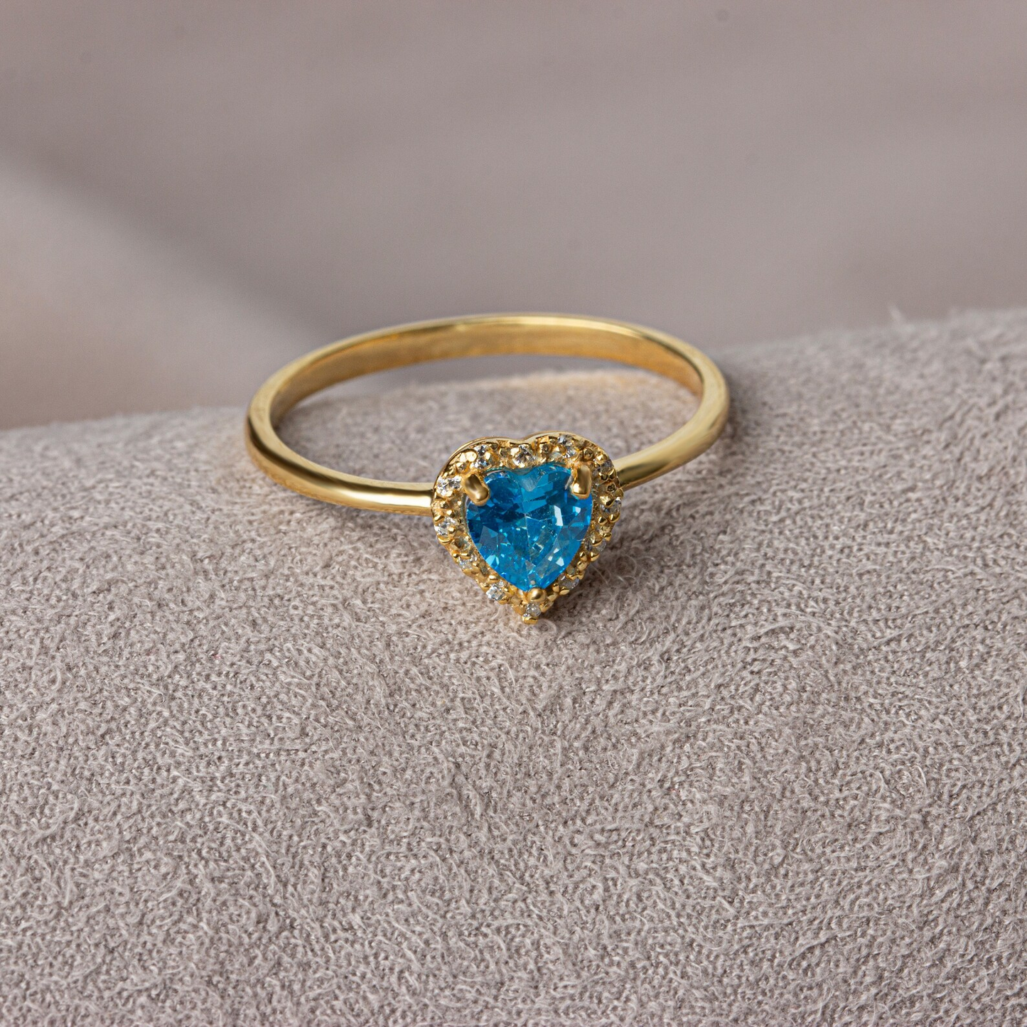 Blue Topaz Bezel Heart Ring with Real Diamonds Halo in 8K/10K/14K Solid Gold | December Birthstone Jewelry