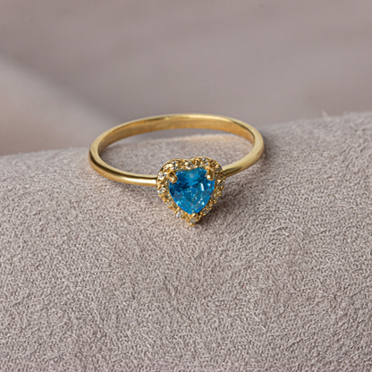 Blue Topaz Bezel Heart Ring with Real Diamonds Halo in 8K/10K/14K Solid Gold | December Birthstone Jewelry