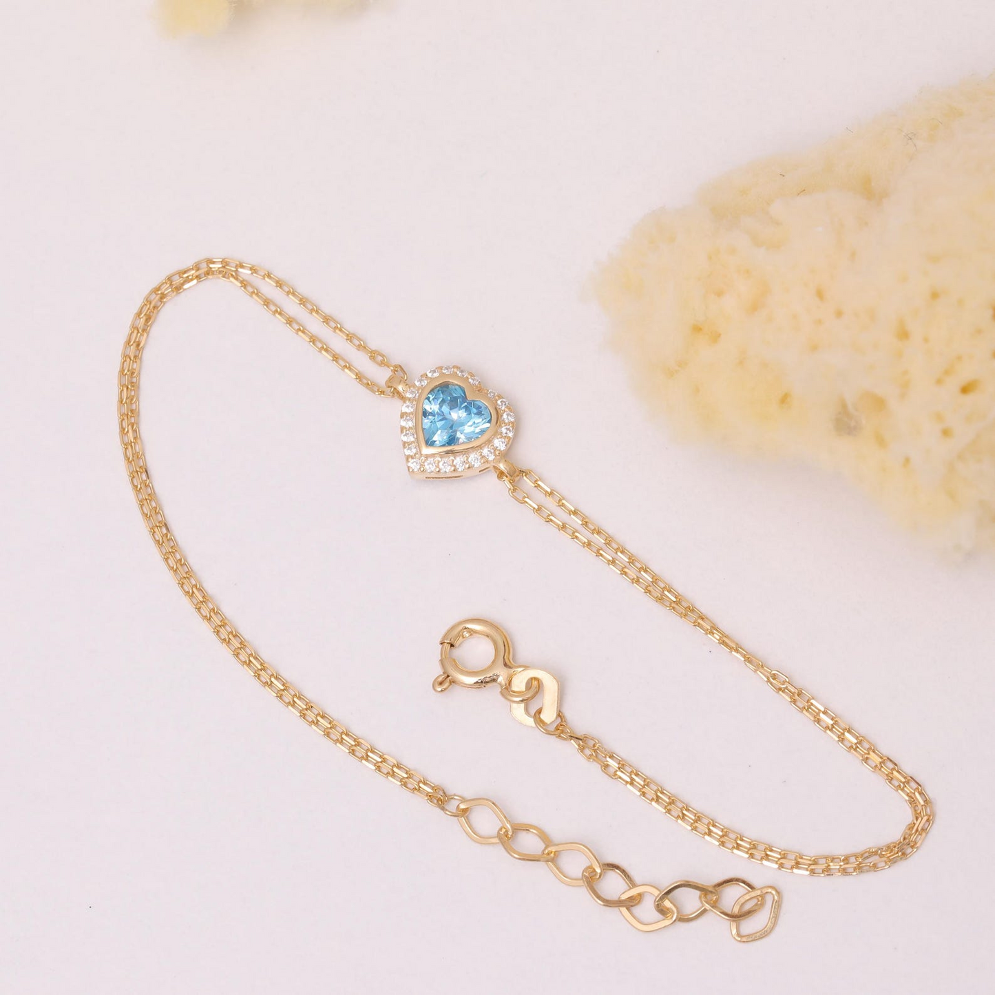 Blue Topaz Bezel Heart Bracelet with Real Diamonds in 8K/10K/14K Solid Gold | December Birthstone Jewelry
