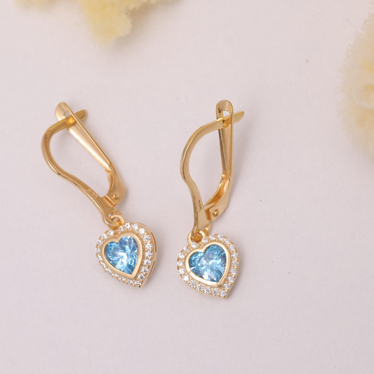 Blue Topaz Bezel Heart Dangle Earrings with Real Diamonds in 8K/10K/14K Solid Gold | December Birthstone Jewelry