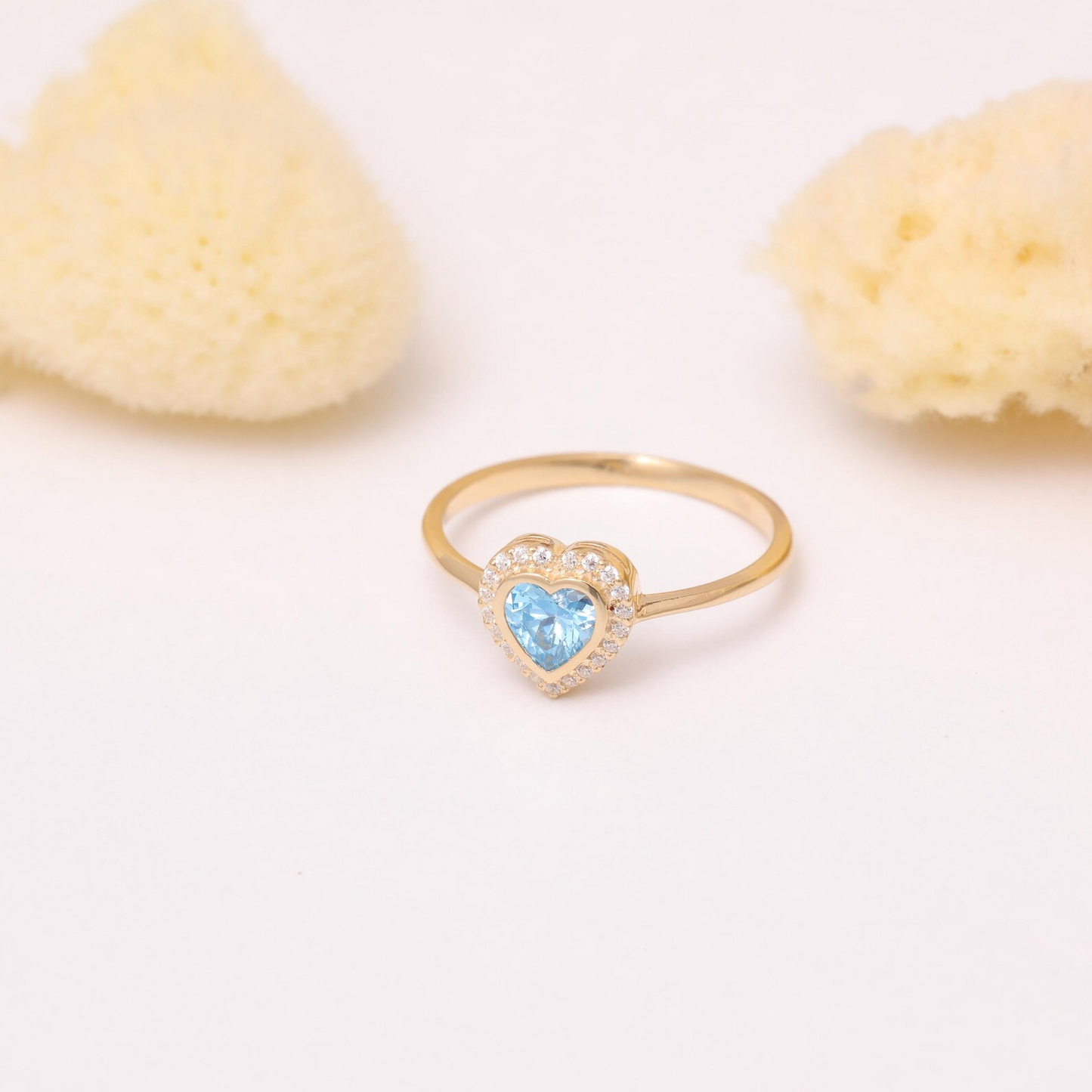Blue Topaz Bezel Heart Ring with Real Diamonds in 8K/10K/14K Solid Gold | December Birthstone Jewelry