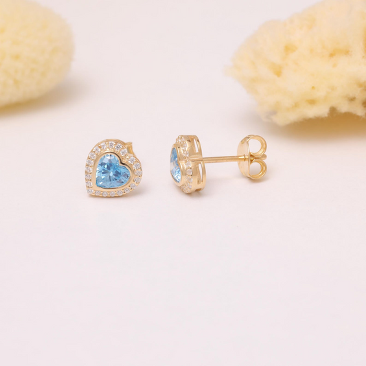 Blue Topaz Bezel Heart Stud Earrings with Real Diamonds in 10K/14K Solid Gold | December Birthstone Jewelry