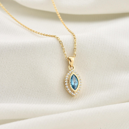 Blue Topaz Bezel Marquise Necklace with Real Diamonds in 8K/10K/14K Solid Gold | December Birthstone Jewelry