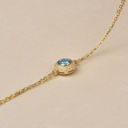 Blue Topaz Round Bezel Bracelet in 8K/10K/14K Solid Gold with Real Diamonds, March Birthstone Jewelry