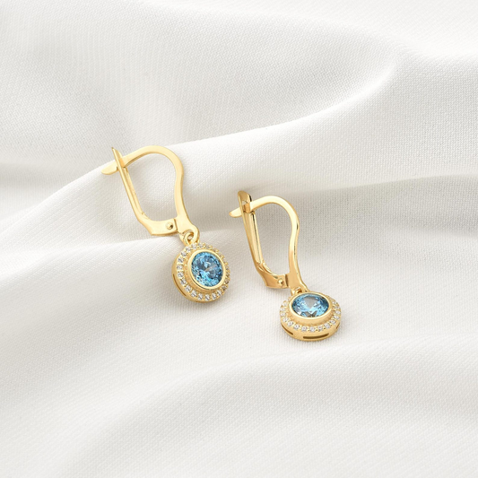 Blue Topaz Round Bezel Dangle Earrings in 8K/10K/14K Solid Gold with Real Diamonds, December Birthstone Jewelry