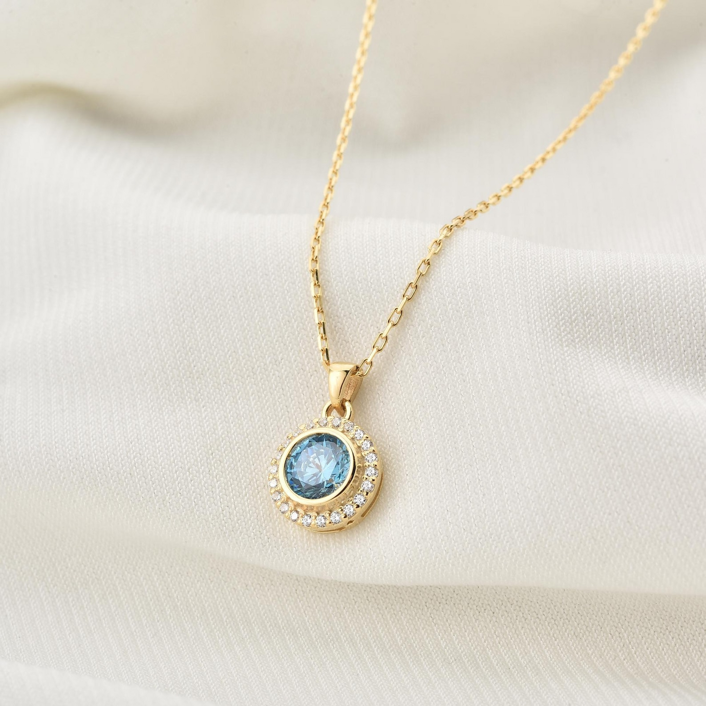 Blue Topaz Round Bezel Necklace in 8K/10K/14K Solid Gold with Real Diamonds, December Birthstone Jewelry
