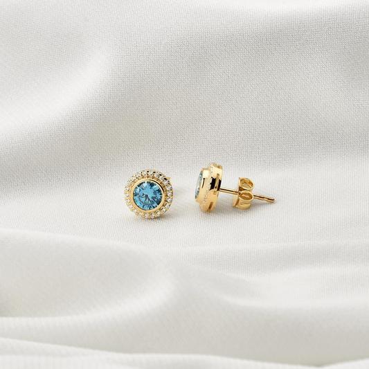 Blue Topaz Round Bezel Stud Earrings in 8K/10K/14K Solid Gold with Real Diamonds, December Birthstone Jewelry