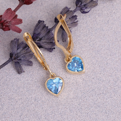 Blue Topaz Heart Cut Bezel Dangle Earrings 14K Solid Gold, December Birthstone Jewelry