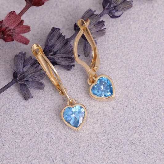 Blue Topaz Heart Cut Bezel Dangle Earrings 14K Solid Gold, December Birthstone Jewelry