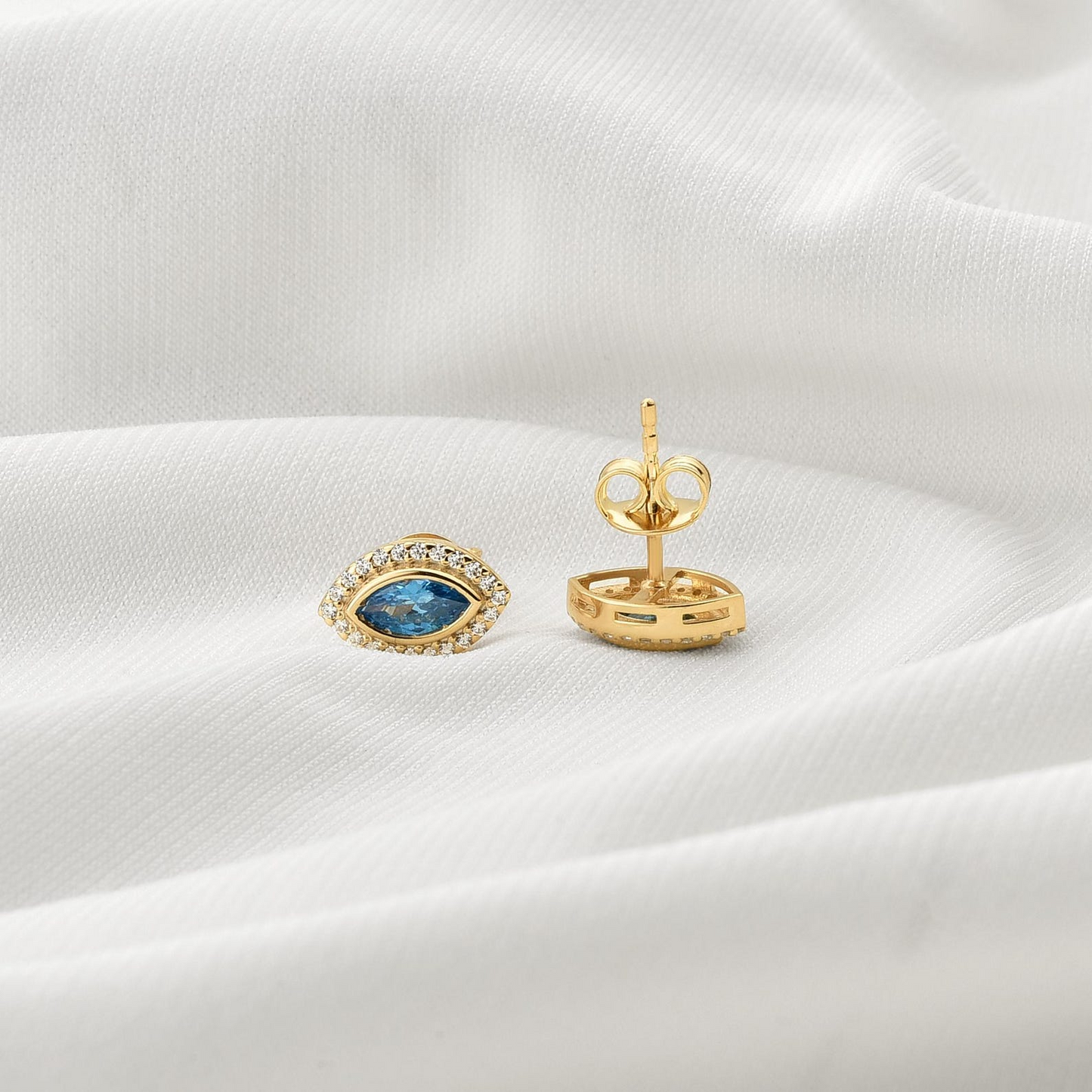 Blue Topaz Bezel Marquise Stud Earrings with Real Diamonds in 8K/10K/14K Solid Gold | December Birthstone Jewelry