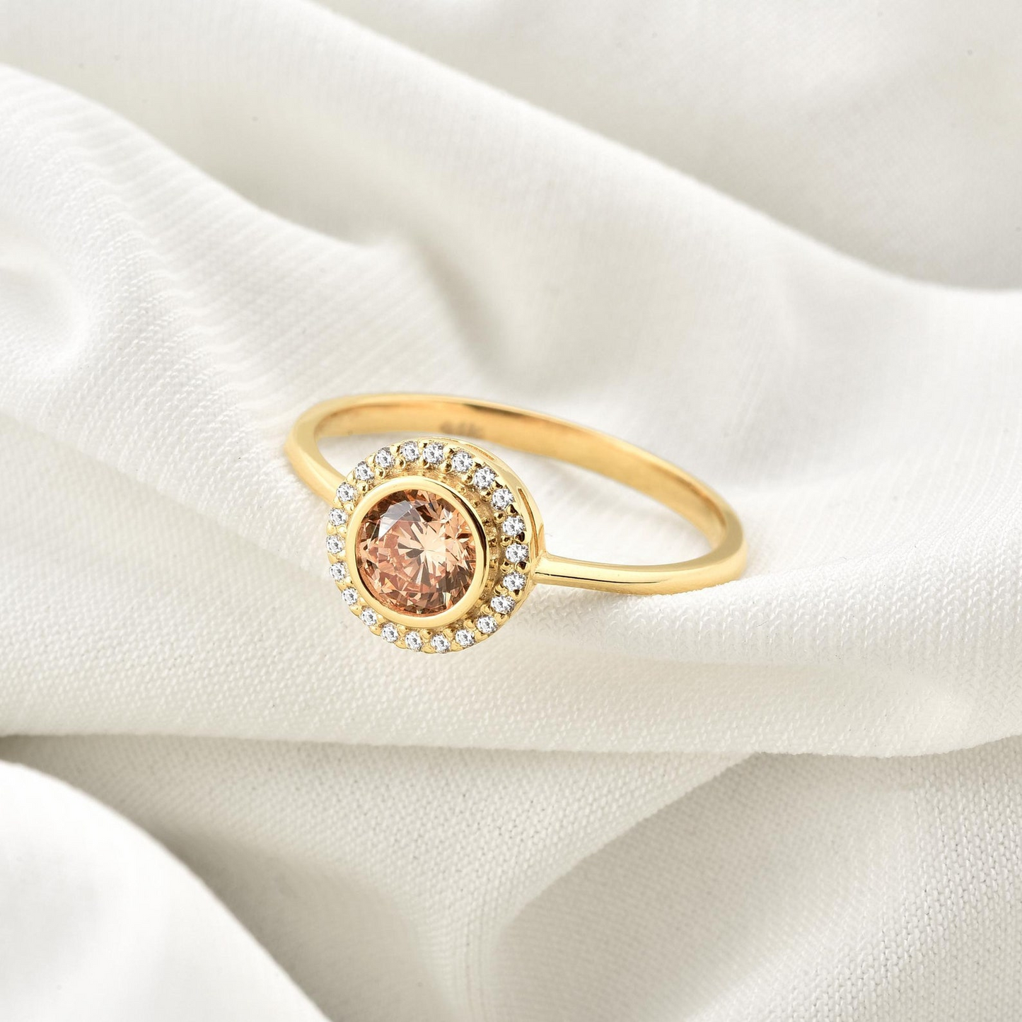 Citrine Round Bezel Ring in 8K/10K/14K Solid Gold with Real Diamonds, November Birthstone Jewelry