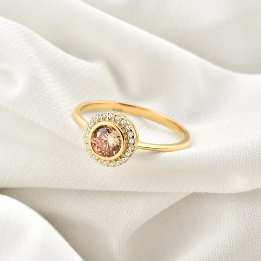 Citrine Round Bezel Ring in 8K/10K/14K Solid Gold with Real Diamonds, November Birthstone Jewelry