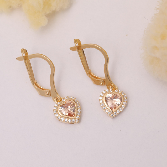 Citrine Bezel Heart Dangle Earrings with Real Diamonds in 8K/10K/14K Solid Gold | November Birthstone Jewelry