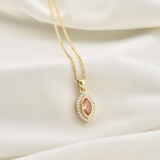 Citrine Bezel Marquise Necklace with Real Diamonds in 8K/10K/14K Solid Gold | November Birthstone Jewelry