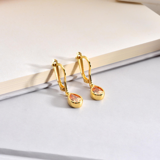 Citrine Bezel Dangle Drop Earrings in 8K/10K/14K Solid Gold, November Birthstone Jewelry