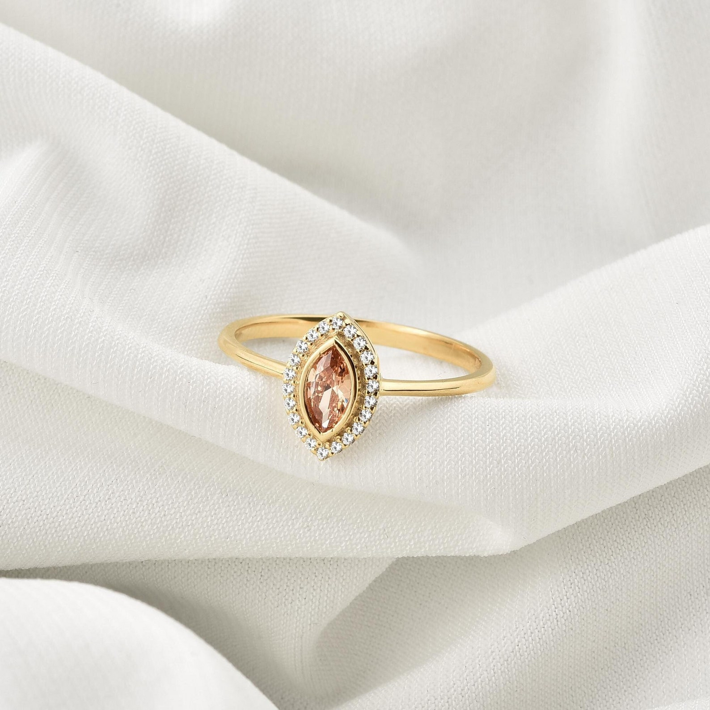 Citrine Bezel Marquise Ring with Real Diamonds in 8K/10K/14K Solid Gold | November Birthstone Jewelry
