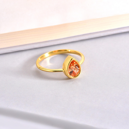 Citrine Drop Bezel Ring 8K/10K/14K Solid Gold, November Birthstone Jewelry