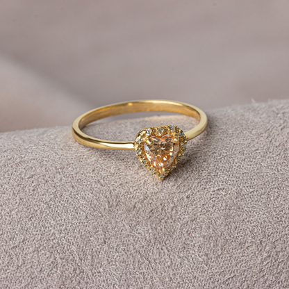 Citrine Bezel Heart Ring with Real Diamonds Halo in 8K/10K/14K Solid Gold | November Birthstone Jewelry