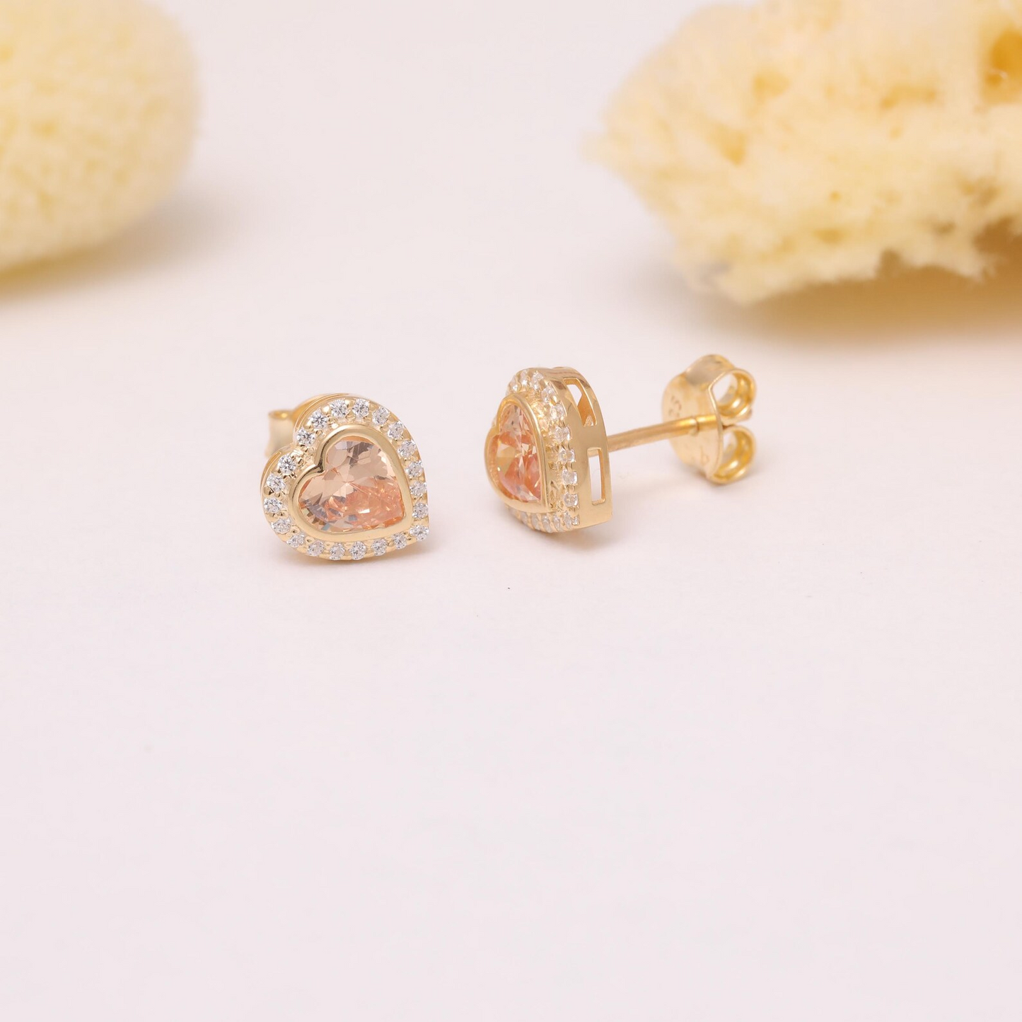 Citrine Bezel Heart Stud Earrings with Real Diamonds in 10K/14K Solid Gold | November Birthstone Jewelry