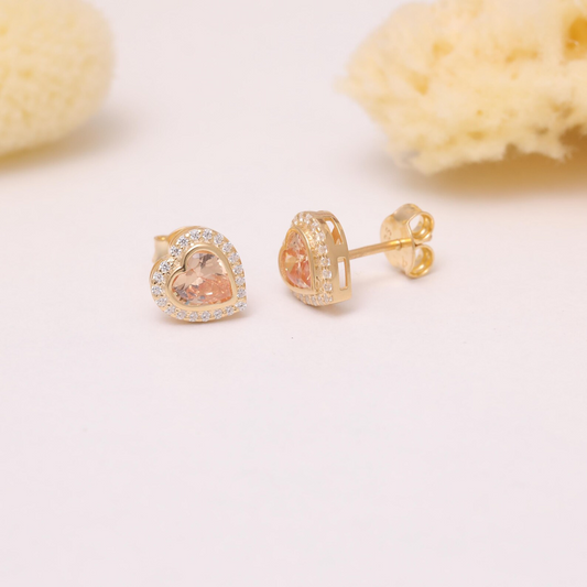 Citrine Bezel Heart Stud Earrings with Real Diamonds in 10K/14K Solid Gold | November Birthstone Jewelry
